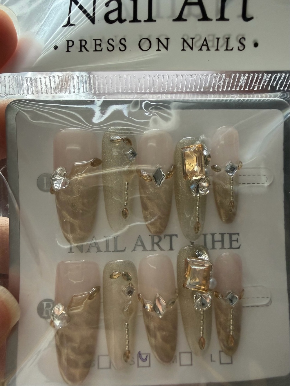 Elegant Nude & Gold Press-On Nail Set with Rhinestone Accents